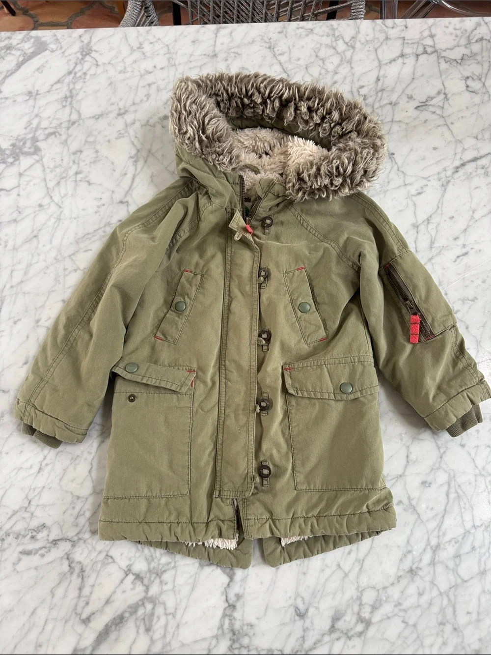 Mini Boden Kids Olive Green Faux-Fur Lined Parka Jacket Sz 4/5Y